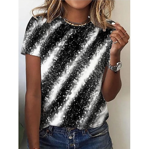 

Women's T shirt Tee Black White Gray Color Block Striped Print Short Sleeve Daily Weekend Basic Round Neck Regular Painting S