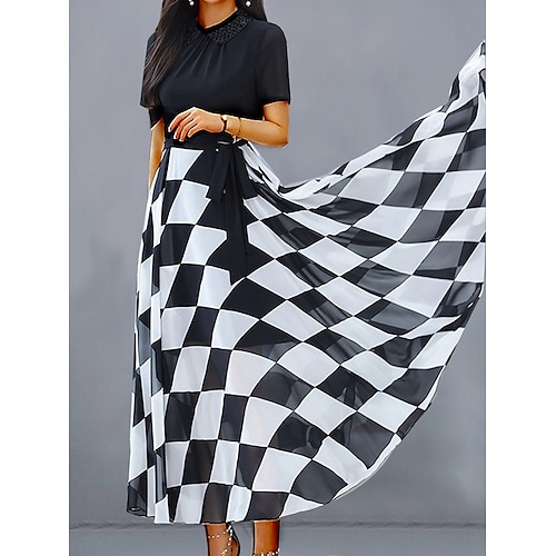 

Dame Lang kjole Maxikjole Uformell kjole Chiffonkjoler Swingkjole Ruter Polkadotter Mote Gatemote utendørs Daglig Ferie Blondér Lapper Kortermet Skjortekrage Kjole Normal Svart Hvit Sommer Vår M L XL