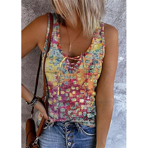 

Damen Tank Top Rote Batik mit Schnürung Bedruckt Ärmellos Casual Basic V Ausschnitt Standard S