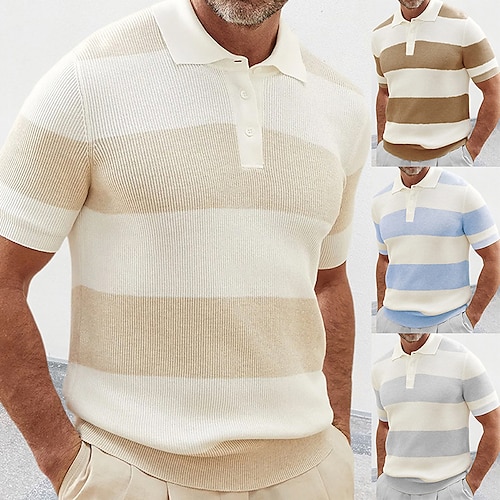 

Herre POLO Trøje Strik Polo Afslappet Daglig Knaphul Kort Ærme Stilfuld Klassisk Patchwork Knap Sommer Blå Beige Kaffe Grå POLO Trøje