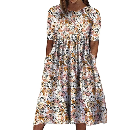 

abito da donna plus size a forma di mela abito casual abito floreale abito midi floreale mezza manica tasca girocollo moda outdoor bianco rosa abito primavera estate