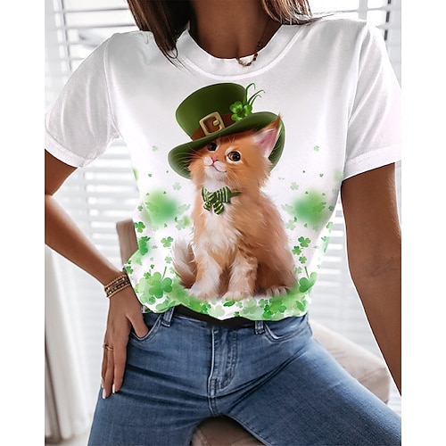 

Mulheres Camiseta Branco Gato 3D Imprimir Manga Curta Diário Final de semana Dia de São Patrício Decote Redondo Padrão Gato 3D Pintura Feliz dia de St.Patrick S