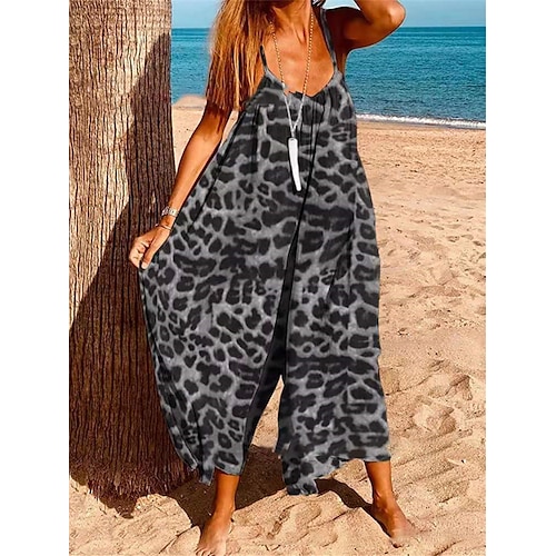 

Damen Jumpsuit Bedruckt Leopard V Ausschnitt Strassenmode Urlaub Festtage Urlaub Regular Fit Ärmellos Gelb Grau S M L XL Sommer