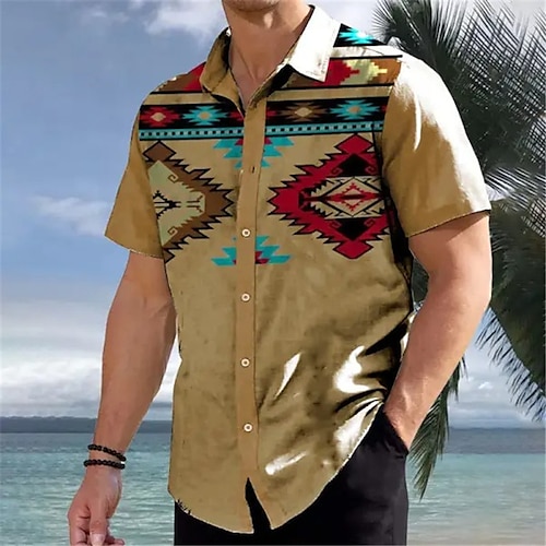 

Homens Camisa Social Camisas havaianas vintage Tribal Estampas Abstratas Vintage Geometria Aberto para a Lateral Cáqui Ao ar livre Rua Manga Curta Imprimir Roupa Moda Roupa de rua Designer Macia