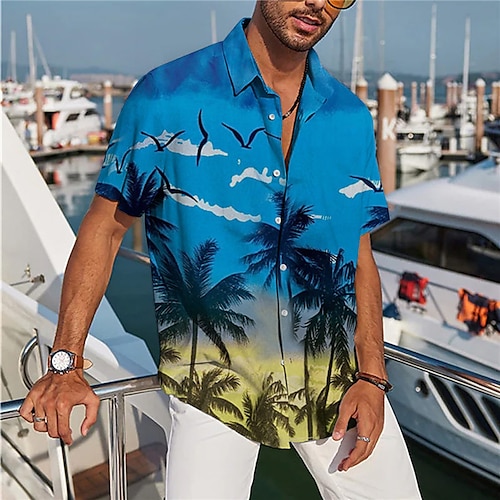 

Herren Hemd Hawaiihemd Sommerhemd Kokosnussbaum Grafik-Drucke Umlegekragen Blau Purpur Strasse Casual Kurze Ärmel Button-Down Bedruckt Bekleidung Vintage Modisch Strassenmode Designer