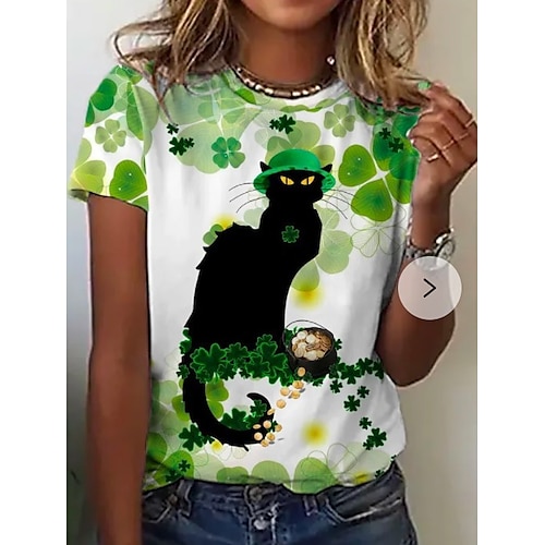 

Damen T Shirt Grün Blatt Katze Bedruckt Kurzarm Festtage Wochenende St. Patricks Day Rundhalsausschnitt Standard Blume Katze Farbe S