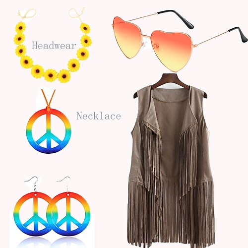 

Hippie Retro Vintage Anos 60 Anos 70 Conjunto de acessórios Colete de camurça Mulheres Franjas Ocasiões Especiais Vintage Cosplay Colete