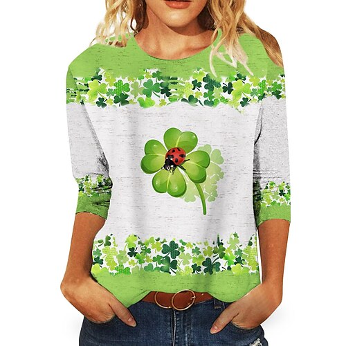 

T shirt Tee Femme Vert herbe Blanche Vert Claire Feuille Imprimer manche longue Vacances Fin de semaine Fête de la Saint-Patrick Col Rond Normal Standard Fleur Peinture S