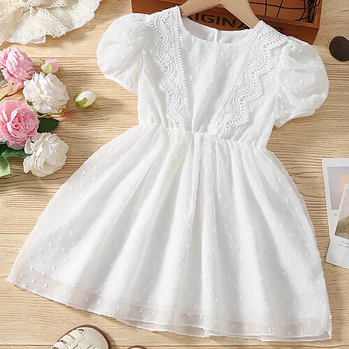 

Bambino Da ragazza Vestito A pois Abiti in chiffon Al ginocchio Vestito Formale Manica a sbuffo Girocollo Manica corta Streetwear Vestito 3-7 anni Estate Bianco