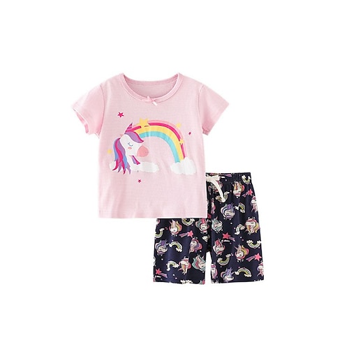 

2 deler Baby Jente Tegneserie Shorts dress Sett Kortermet Daglig Avslappet 7-13 år Sommer Rosa