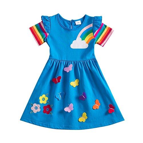 

Barn Jente Kjole Blomstret Regnbue Sommerfugl Uformell kjole Knelang Kjole Skole Broderi Crew-hals Kortermet Aktiv Kjole 3-7 år Sommer Vin Himmelblå Lilla