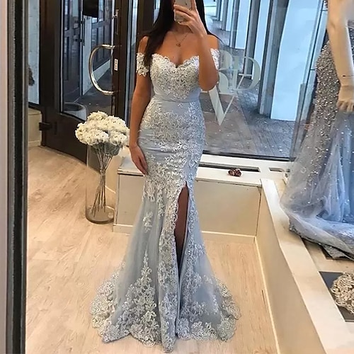 

A sirena Abiti da ballo Lussuoso Vestito Formale Strascico a terra Senza maniche Senza spalline Tulle con Fessura Con applique 2023