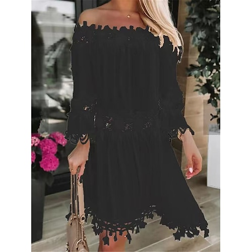 

kvinners fritidsgenser kjole blonder genser kjole shift genser kjole vanlig blonder ryggløs off shoulder mini genser kjole basic klassisk utendørs daglig 3/4 lengde ermer normal passform svart sommer