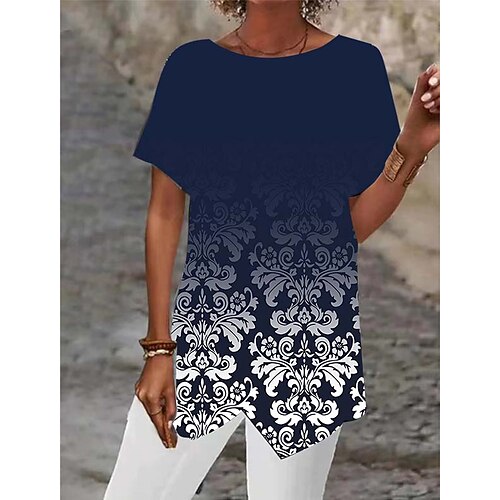 

Damen Hemd Bluse Schwarz Gelb Blau Graphic Blumen Asymmetrisch Bedruckt Kurzarm Casual Basic Rundhalsausschnitt Lang Blume S