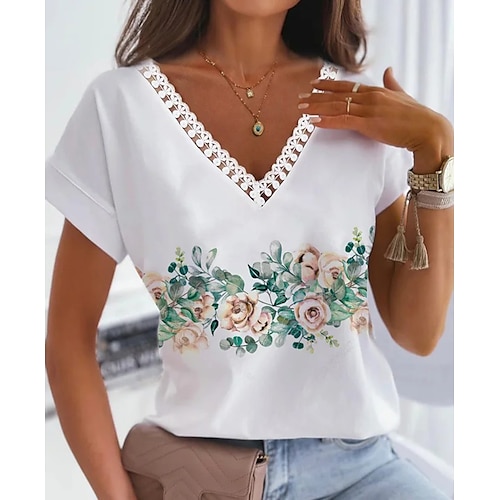 

Mulheres Camiseta Tops de ilhas brancas Branco Floral Guarnição do laço Imprimir Manga Curta Casual Feriado Básico Decote V Padrão Tema Flores S