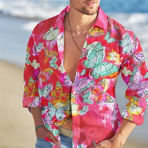 

Men's Shirt Summer Hawaiian Shirt Butterfly Graphic Prints Turndown Yellow Pink Blue Orange Outdoor Street Long Sleeve Button-Down Print Clothing Apparel Fashion Streetwear Designer Casual