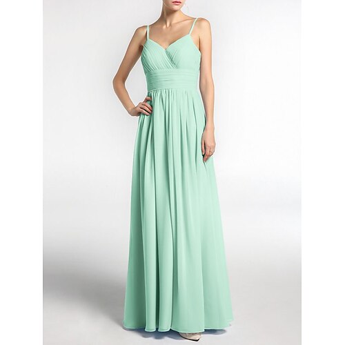 

A-linje Brudepikekjole stropper / Spagettistropper / V-hals Ermeløs Elegant Gulvlengde Chiffon / Shantung / Imitert silke med Plissert / Drapering / Ruchiing 2022