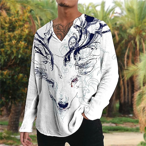 

Hombre Camisa Lobo Estampados Cosecha Grieta Escote en Pico Negro Blanco Amarillo Dorado Exterior Calle Manga Larga Estampado Ropa Moda Design Casual Cómodo