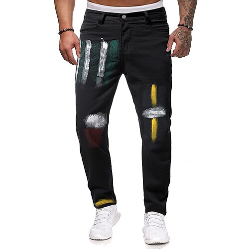 

Herre Jeans Bukser Denimbukser Lomme Rett ben Trykt mønster Komfort Anvendelig Daglig Ferie Ut på byen Denimstoff Stilfull Klassisk Svart Hvit