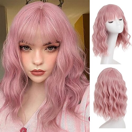 

parrucca ondulata rosa viola con frangia per le donne parrucche corte sintetiche bob ricci ondulati parrucche cosplay bob pastello per le ragazze uso quotidiano parrucche colorate 12 pollici viola
