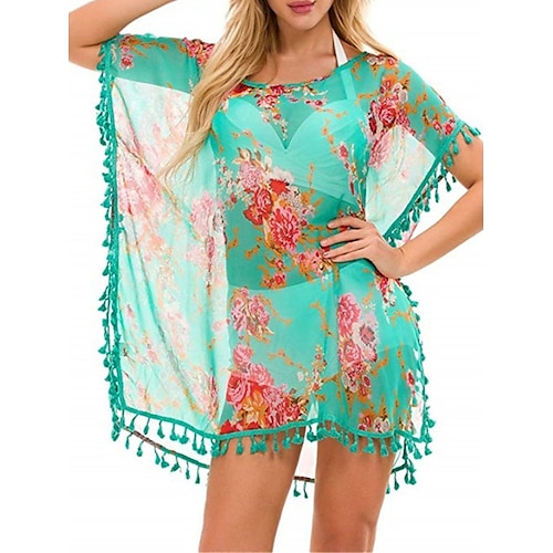 

kvinders cover up strand formel kjole strand wear mini formel kjole kvast frynser print tropisk mode blomster med rund hals kortærmet løs pasform udendørs daglig gul orange 2023 sommer forår one size