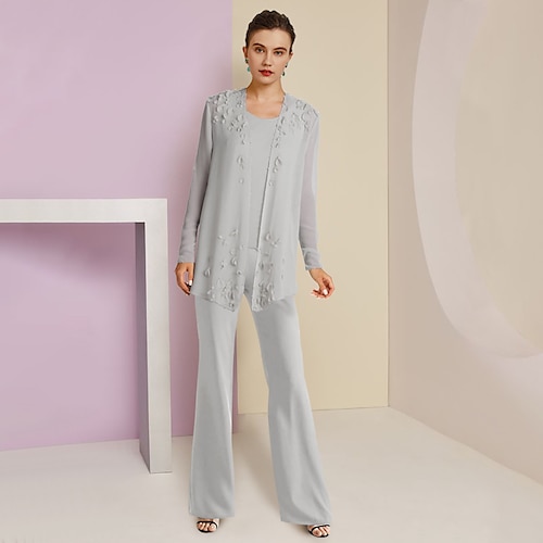 

Buksedrakt 3 -delt drakt Kjole til brudens mor Formell Bryllupsgjest Elegant Øsehals Gulvlengde Chiffon Ermeløs Innpakking inkludert med Appliqué 2023