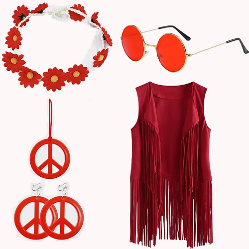 

Hippie Retro Antiguo Años 60 Años 70 Conjunto de accesorios Chaleco de ante Mujer Borlas Disfraz Cosecha Cosplay Chalecos