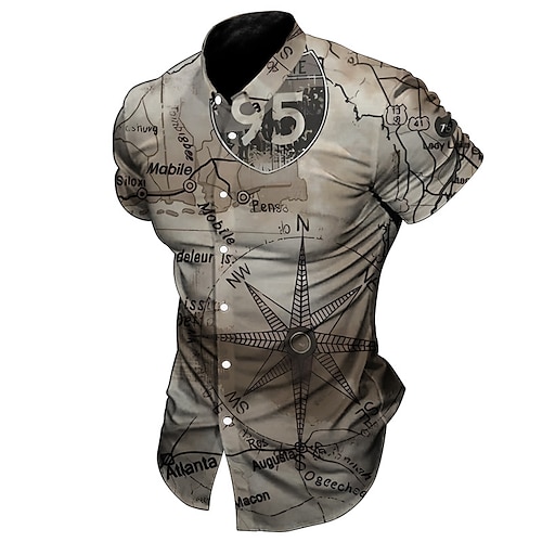 

Hombre Camisa Estampados Cosecha Brújula Cuello Vuelto Azul Piscina Caqui Exterior Calle Mangas cortas Abotonar Estampado Ropa Moda Ropa de calle Design Suave