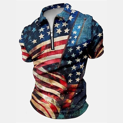 

Herre POLO Trøje Zip Polo Golftrøje Grafiske tryk Ørn Amerikansk flag Aftæpning Hvid Gul Rød Blå Mørkegrøn udendørs Gade Kort Ærme Lynlås Trykt mønster Tøj Mode Designer Afslappet Åndbart