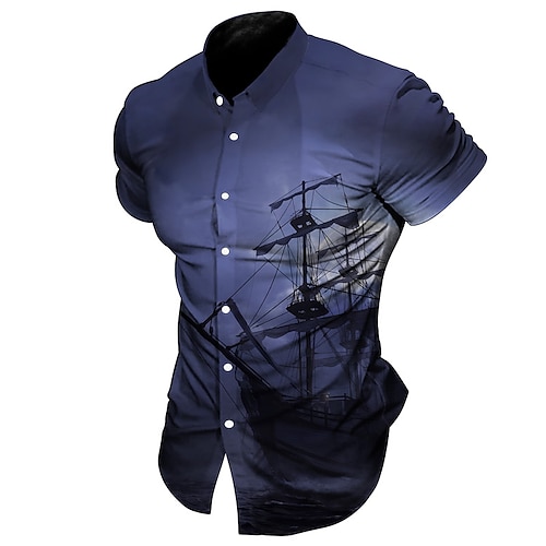 

Men's Shirt Graphic Prints Vintage Sailboat Turndown Yellow Blue Outdoor Street Short Sleeves Button-Down Print Clothing Apparel Fashion Streetwear Designer Soft