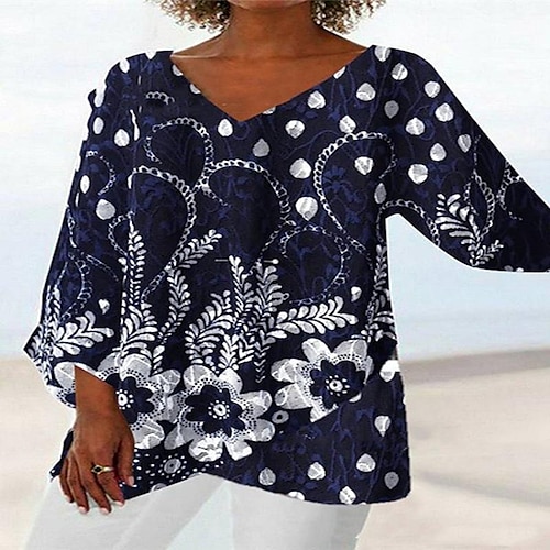 

Women's Shirt Blouse Black Yellow Wine Floral Print Long Sleeve Casual Holiday Basic V Neck Long Floral S