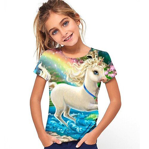 

Børn Pige T-shirt Dyr udendørs 3D-udskrivning Kortærmet Crewneck Sød Stil 7-13 år Sommer Lyserød Blå Lilla