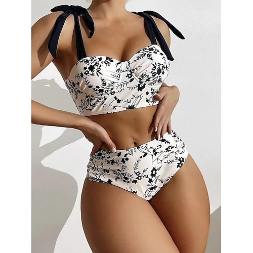 

Women's Swimwear Bikini Plus Size Swimsuit 2 Piece Printing Floral White Bathing Suits Sports Beach Wear Summer