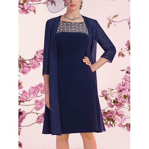 

Spezzato Abito da cerimonia per signora Invitati del matrimonio Vintage Elegante Petite Girocollo Al ginocchio Chiffon Di pizzo Mezza manica con A pieghe Tinta unita 2023