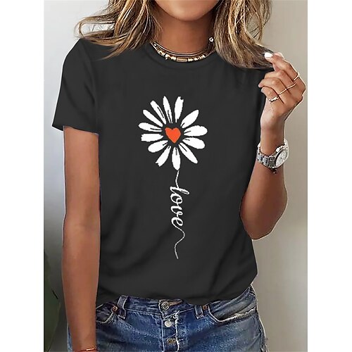 

Mujer Camiseta Negro Letra Margarita Estampado Manga Corta Festivos Fin de semana Básico Escote Redondo Regular Flor Gato 3D Pintura S