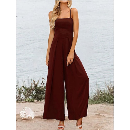 

Women's Jumpsuit Backless Solid Color U Neck Streetwear Daily Vacation Regular Fit Spaghetti Strap Black Wine Navy Blue S M L Summer