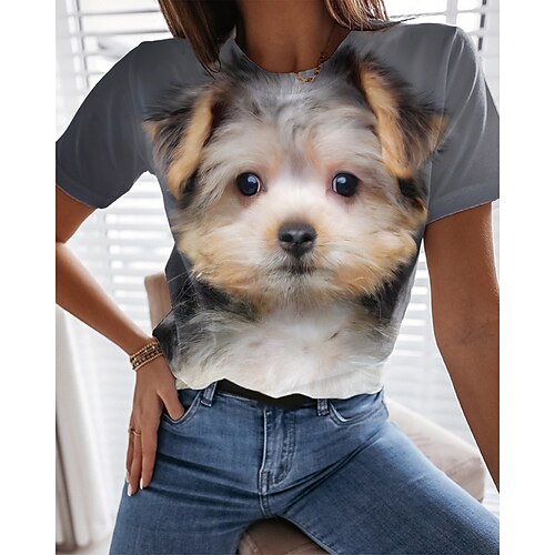 

T shirt Tee Femme Gris Chien Imprimer Manche Courte du quotidien Fin de semaine basique Col Rond Normal Standard Peinture S