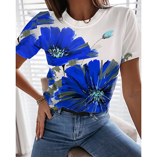 

Women's T shirt Tee Pink Red Blue Floral Print Short Sleeve Holiday Weekend Basic Round Neck Regular Floral Painting S