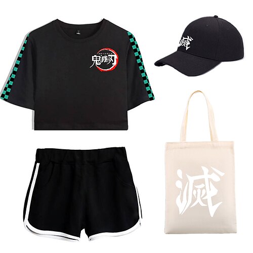 

4-delt demon slayer printede shorts crop top baseball caps lærred tote tasker sæt tanjiro tee t-shirt shorts co-ord sæt til kvinders voksne outfits& matchende afslappet daglig løbegymnastiksport