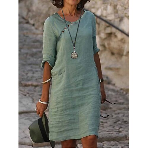 

Per donna Abito in cotone e lino Abito casual Vestito a trapezio Vestito longuette Misto cotone Essenziale Classico Esterno Giornaliero Da mare Girocollo Pulsante Mezza manica Estate Primavera Autunno
