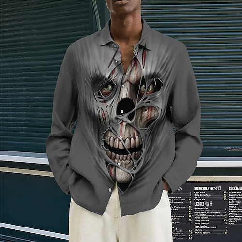 

Hombre Camisa Cráneos Estampados Cuello Vuelto Gris Exterior Calle Manga Larga Abotonar Estampado Ropa Moda Ropa de calle Design Casual