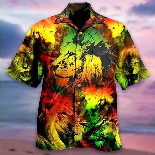 

Men's Shirt Summer Hawaiian Shirt Animal Lion Graphic Prints Cuban Collar Green Casual Hawaiian Short Sleeve Print Clothing Apparel Sports Fashion Streetwear Designer