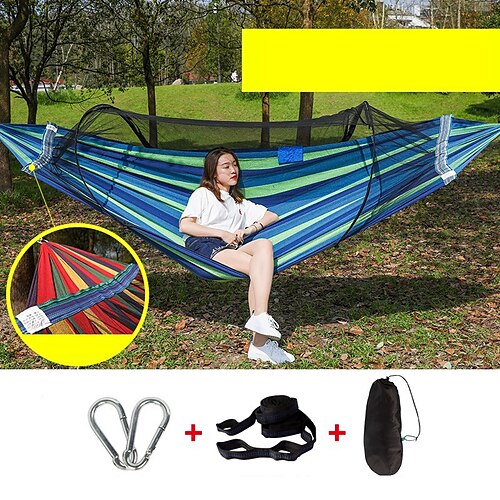 

Hamac de camping avec moustiquaire escamotable Hamac de Camping Extérieur Respirable Respirabilité Vestimentaire réglable flexible Séchage rapide Nylon avec mousquetons et sangles pour 2 personne