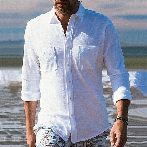 

Per uomo camicia di lino Camicia estiva Camicia da spiaggia Bianco Manica lunga Liscio Collo ripiegabile Primavera & Autunno Informale Giornaliero Abbigliamento Tasche