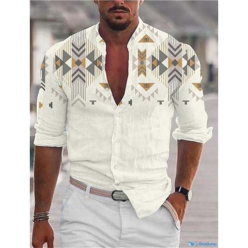 

Homens Camisa Social Estampas Abstratas Vintage Geometria Aberto para a Lateral Bege Ao ar livre Rua Manga Longa Botão para baixo Imprimir Roupa Moda Roupa de rua Designer Macia