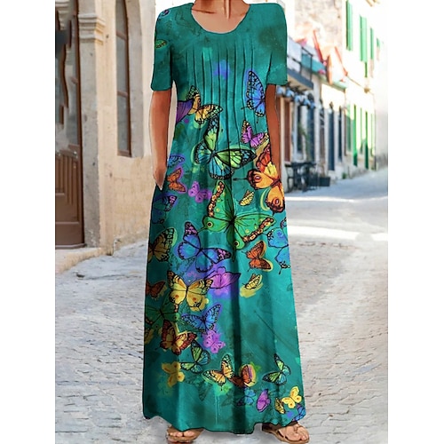 

Dame Lang kjole Maxikjole Hverdagskjole Print kjole Sommerfugl Mode Daglig Ferierejse Weekend Krøllede Folder Lomme Kortærmet Rund hals Kjole Regulær Navyblå Blå Mørkegrøn Sommer Forår S M L XL XXL