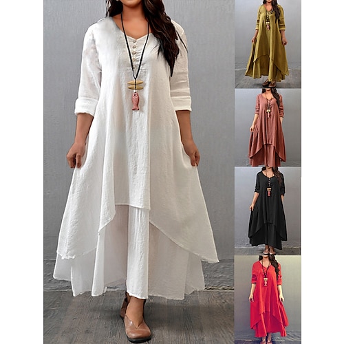Women's Plus Size Casual Dress Swing Dress Solid Color Long Dress Maxi Dress Long Sleeve Button Fake two piece V Neck Basic Daily Black White Summer Spring L XL XXL 3XL 4XL, lightinthebox  - buy with discount