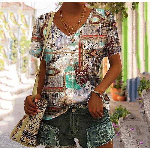 

Women's T shirt Tee Brown Graphic Print Short Sleeve Daily Weekend Basic V Neck Regular Painting S