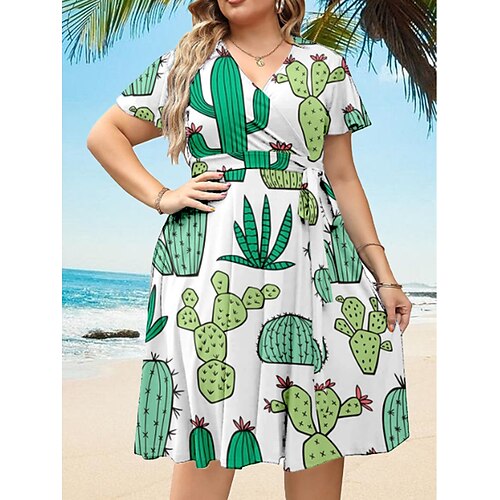 

Per donna Plus Size Abito casual Cactus Vestito longuette Manica corta Stampa A V Romantico Appuntamento Verde Estate Primavera L XL XXL 3XL 4XL