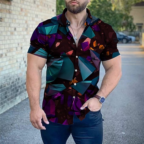 

Homens Camisa Social Abstrato Estampas Abstratas Geometria Aberto para a Lateral Roxo Cinzento Ao ar livre Rua Manga Curta Imprimir Roupa Moda Roupa de rua Designer Macia